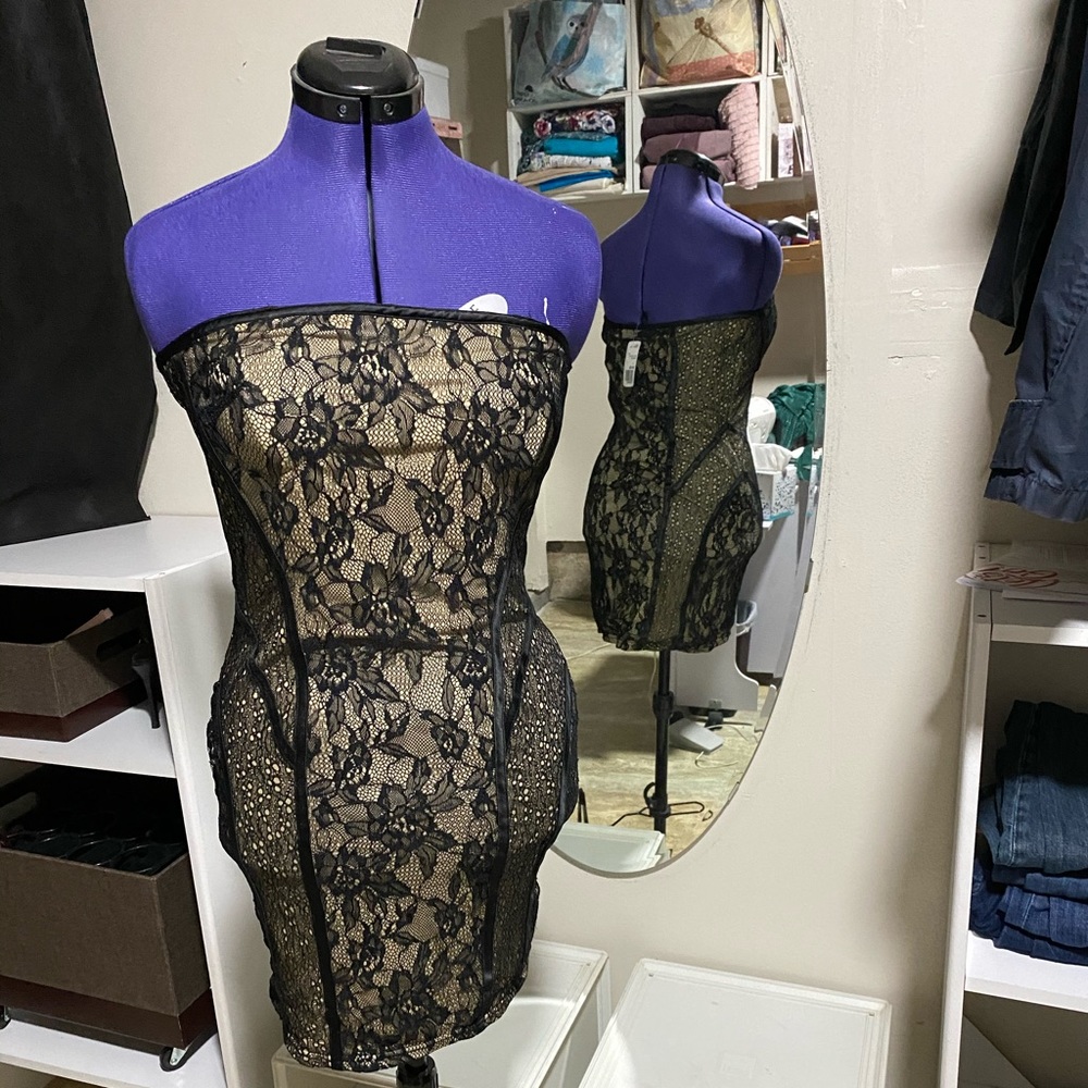 Lace black and nude cocktail dress strapless